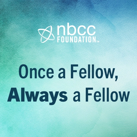 Blue and teal abstract background with NBCC Foundation logo. Once a Fellow, Always a Fellow.