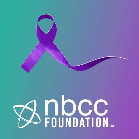 Purple Recovery Month ribbon on a teal and purple background with the NBCC Foundation logo in white.